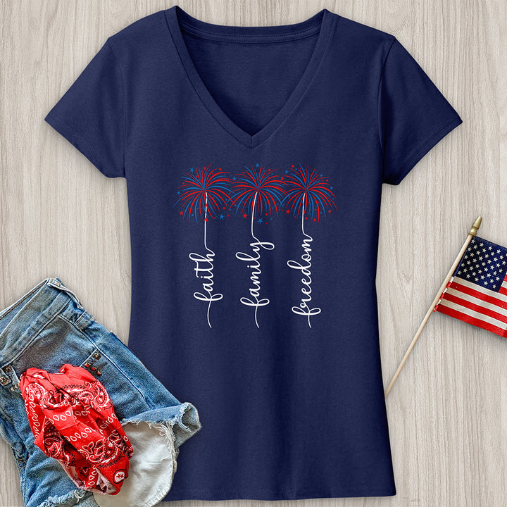 Faith Family Fireworks Art V-Neck Tee