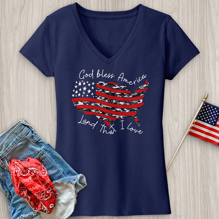 God Bless America Camo USA V-Neck Tee