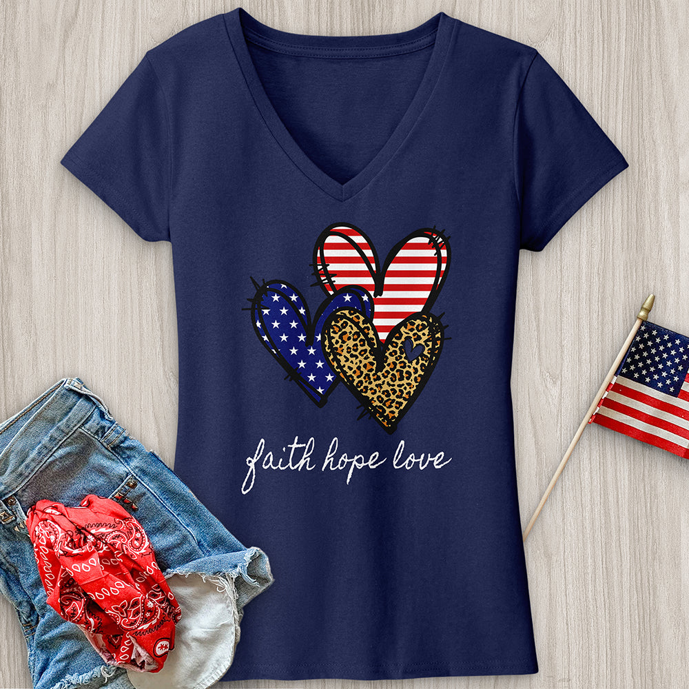 Faith Hope Love Pattern Hearts V-Neck Tee