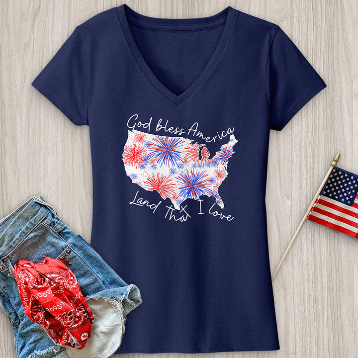 God Bless Fireworks Variation W V-Neck Tee