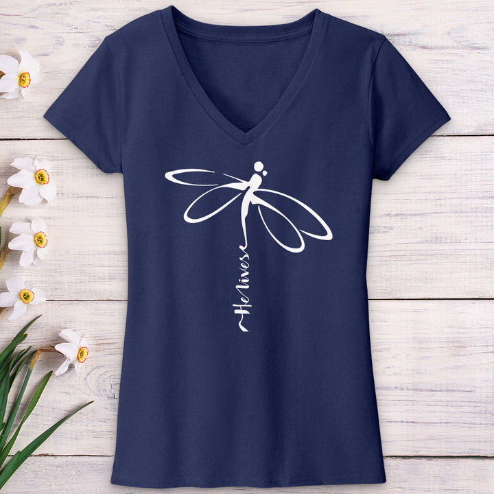 He Lives Dragonfly White V-Neck Tee