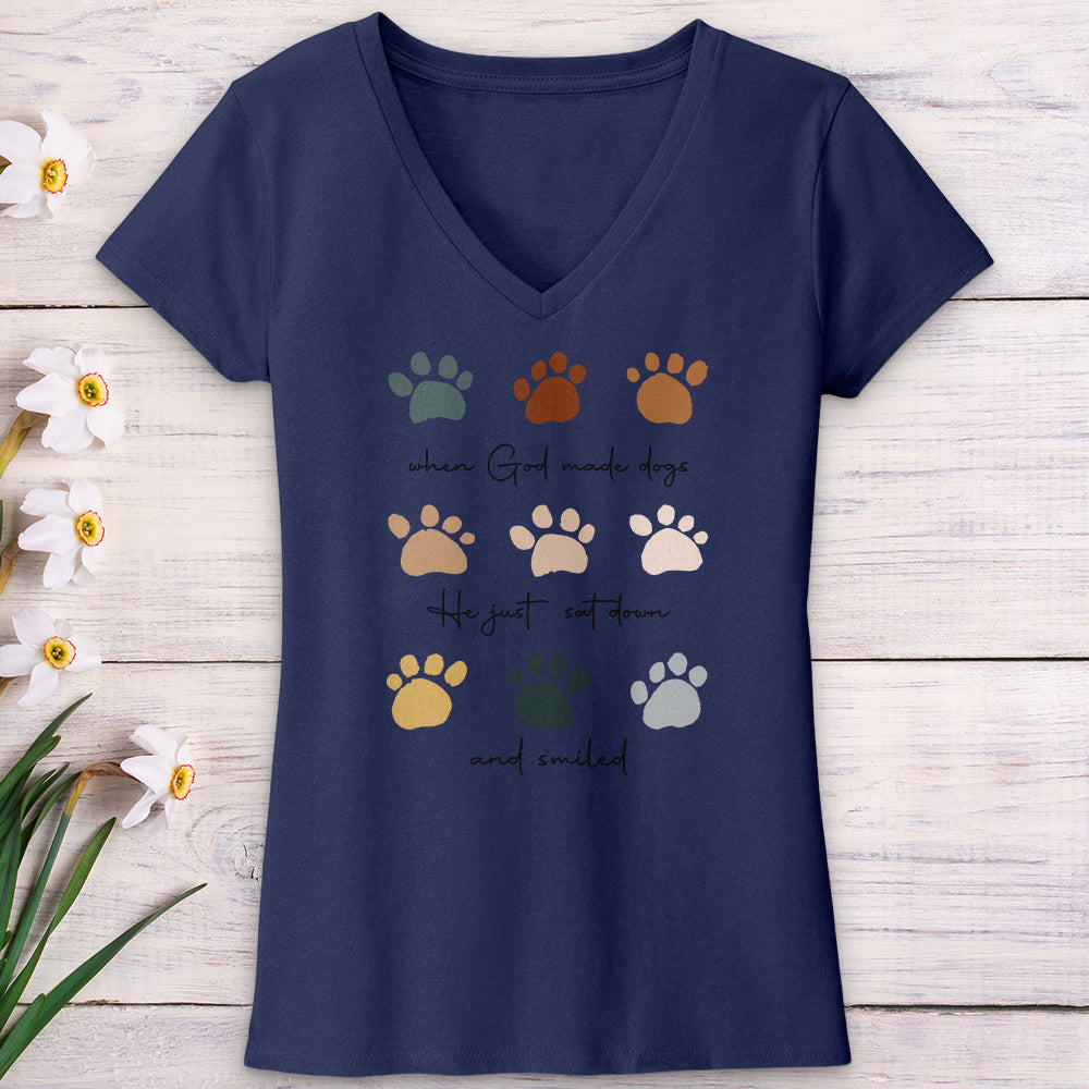 When God Created Dogs Paw Prints V-Neck Tee