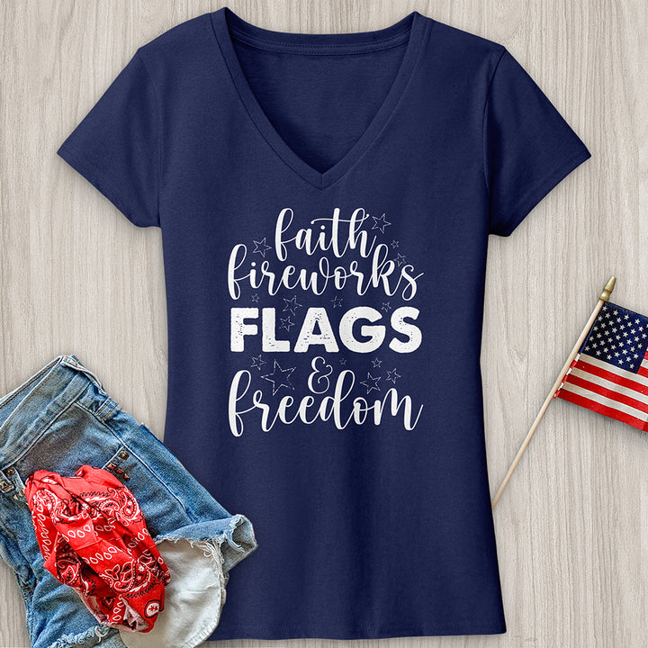 Faith Fireworks Flags & Freedom V-Neck Tee