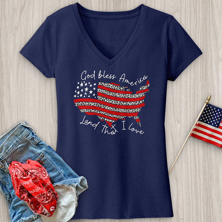 God Bless America Leopard V-Neck Tee