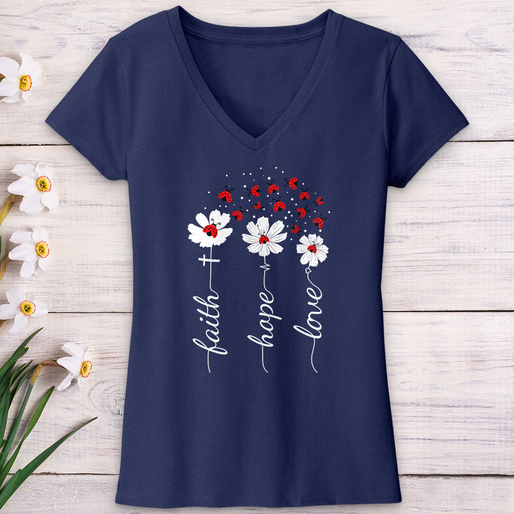 Faith Lady Bug Flowers V-Neck Tee