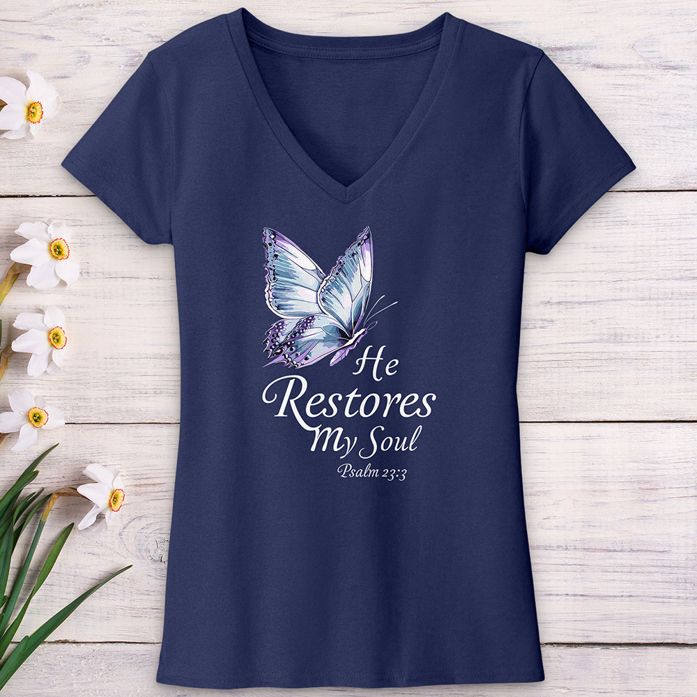 He Restores My Soul Butterfly V-Neck Tee