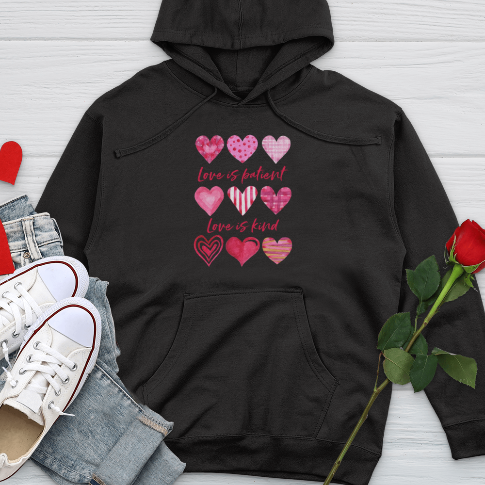 Pink Hearts Love Is Patient Midweight Hooded Sweatshirt