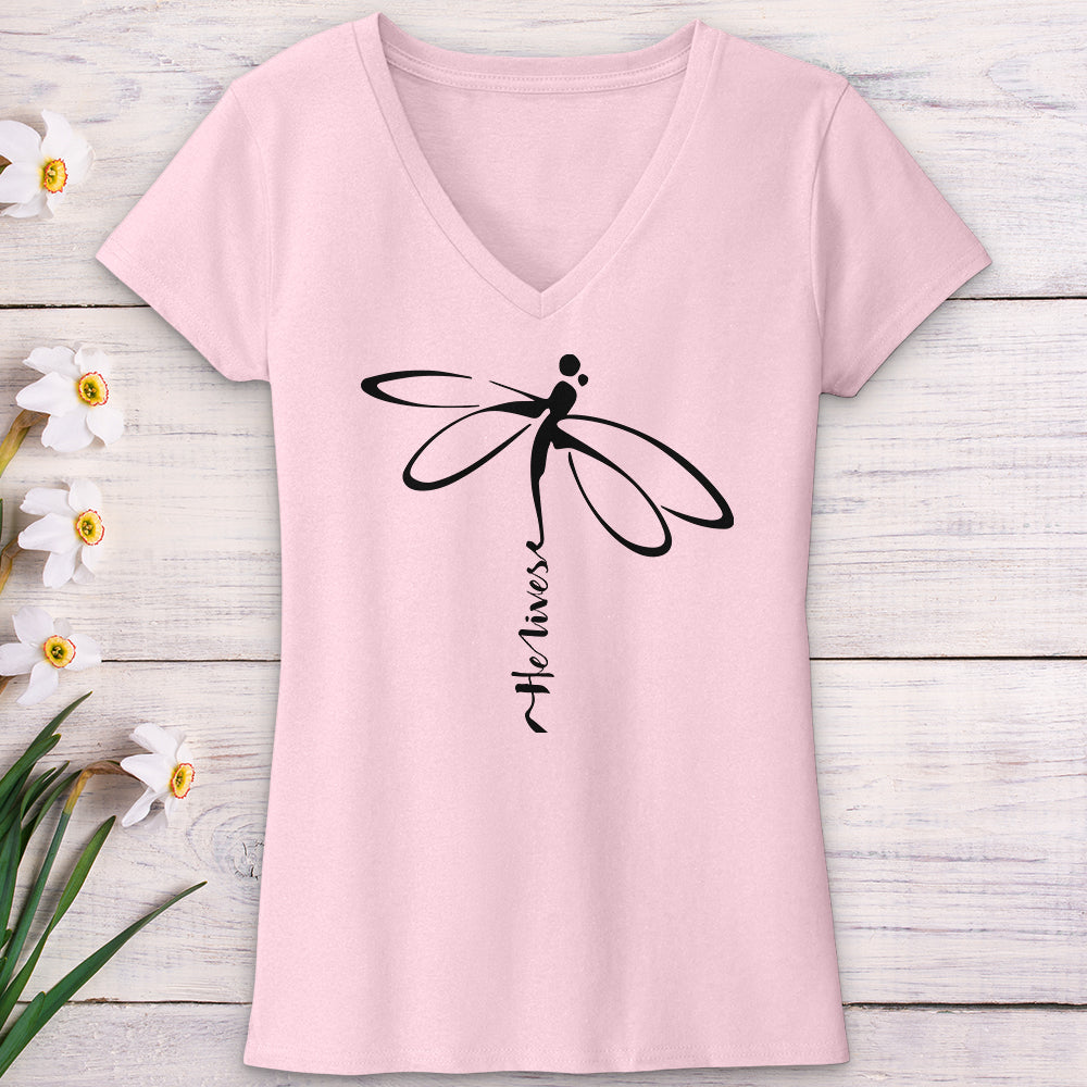 He Lives Dragonfly V-Neck Tee