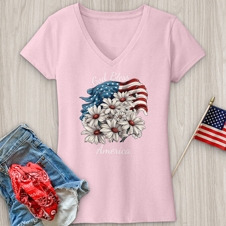 Waving American Flag With Daisies V-Neck Tee