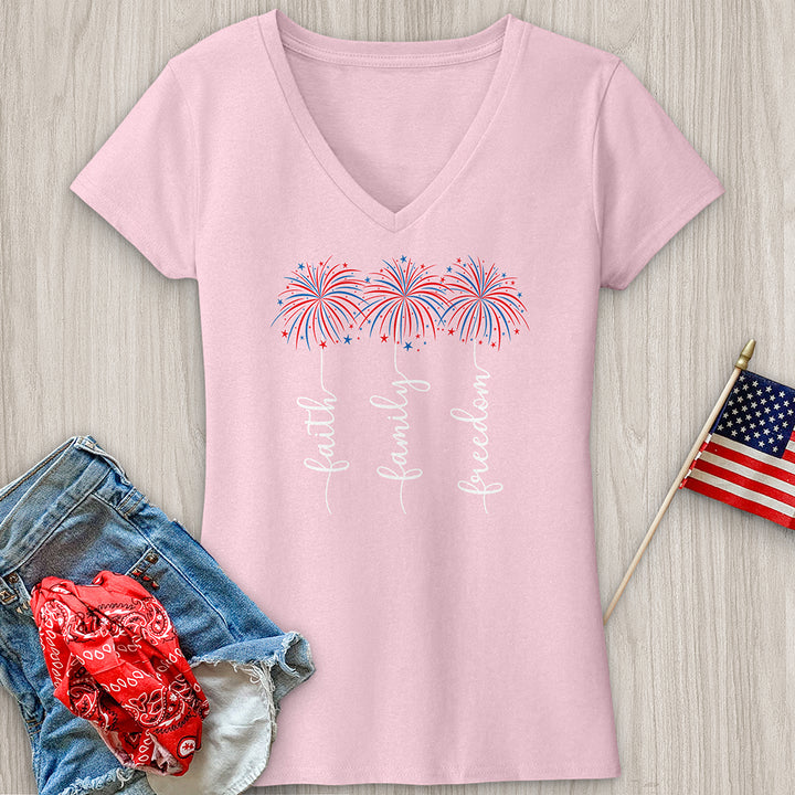 Faith Family Fireworks Art V-Neck Tee