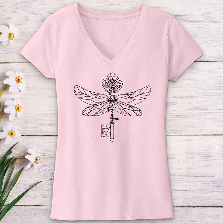 Faith Key Dragonfly V-Neck Tee