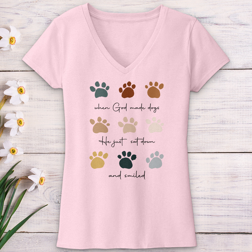 When God Created Dogs Paw Prints V-Neck Tee