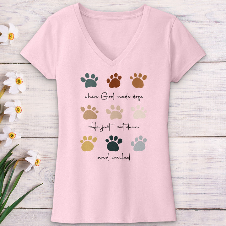 When God Created Dogs Paw Prints V-Neck Tee