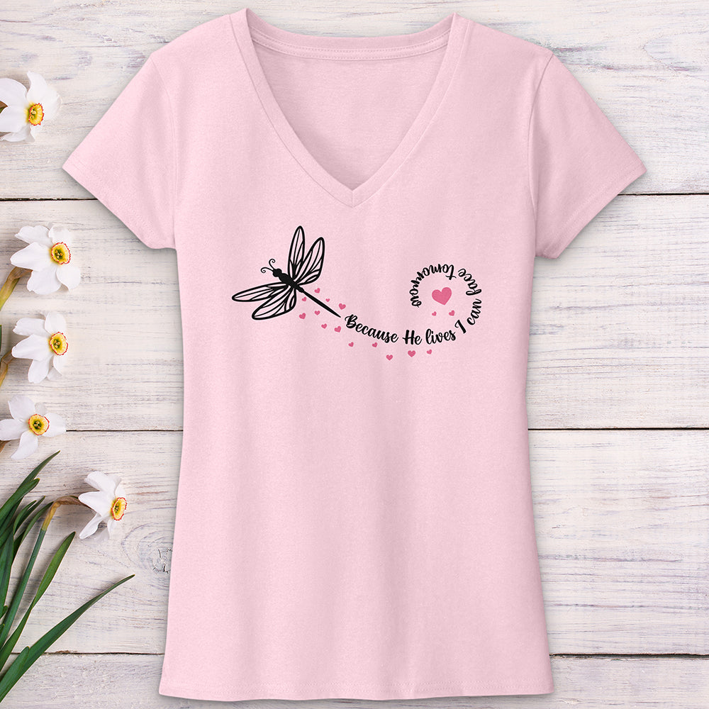 Because He Lives Dragonfly V-Neck Tee