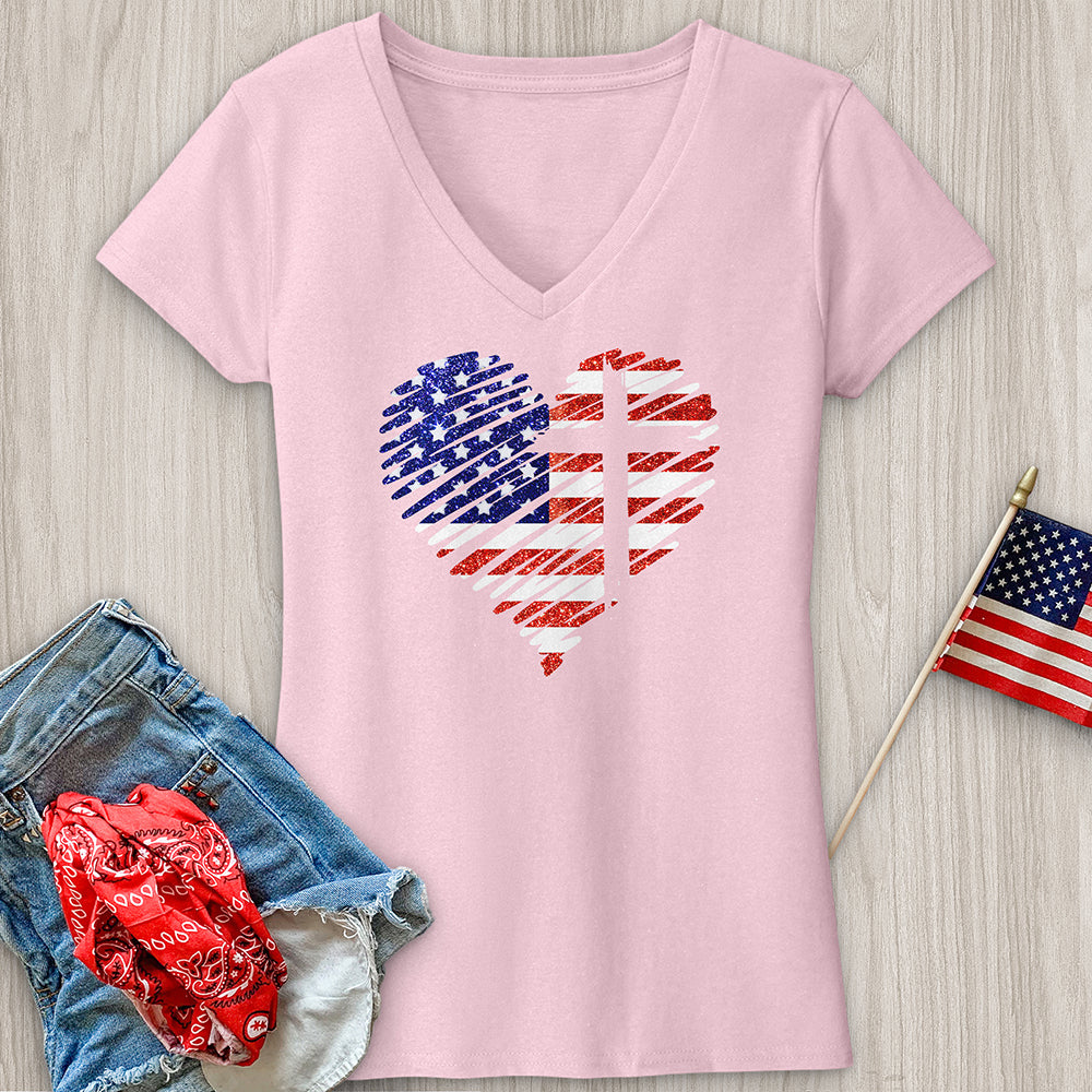 USA Heart and Cross V-Neck Tee