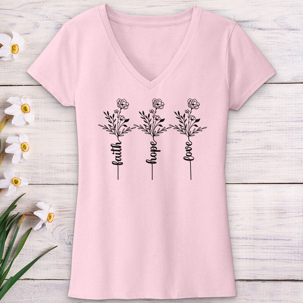 Faith Hope Love Spring Flowers V-Neck Tee