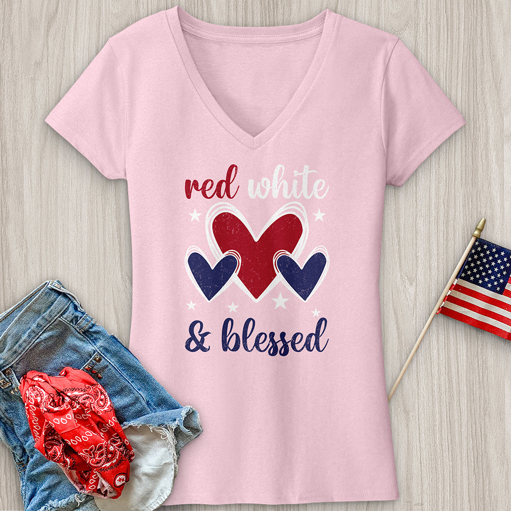 Red White Blessed Hearts V-Neck Tee