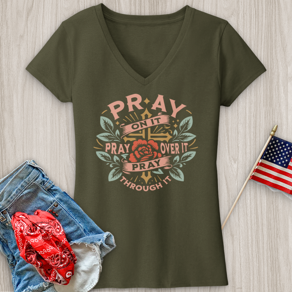 Pray On It Pray Over It Floral V-Neck Tee