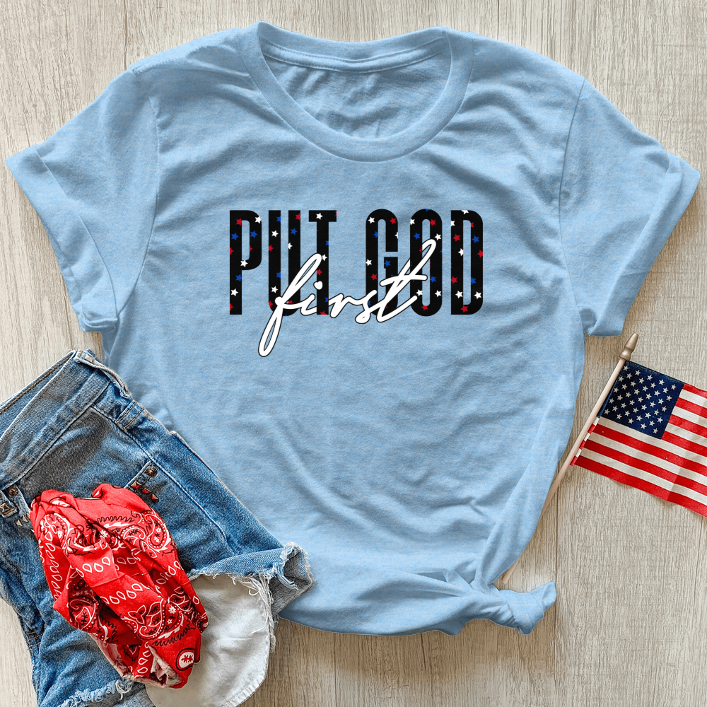 Put God First Red White & Blue Heathered Tee