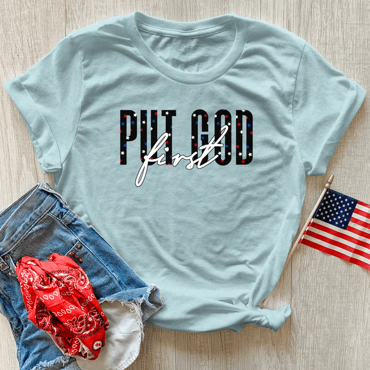 Put God First Red White & Blue Heathered Tee