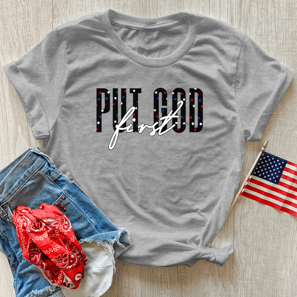 Put God First Red White & Blue Heathered Tee