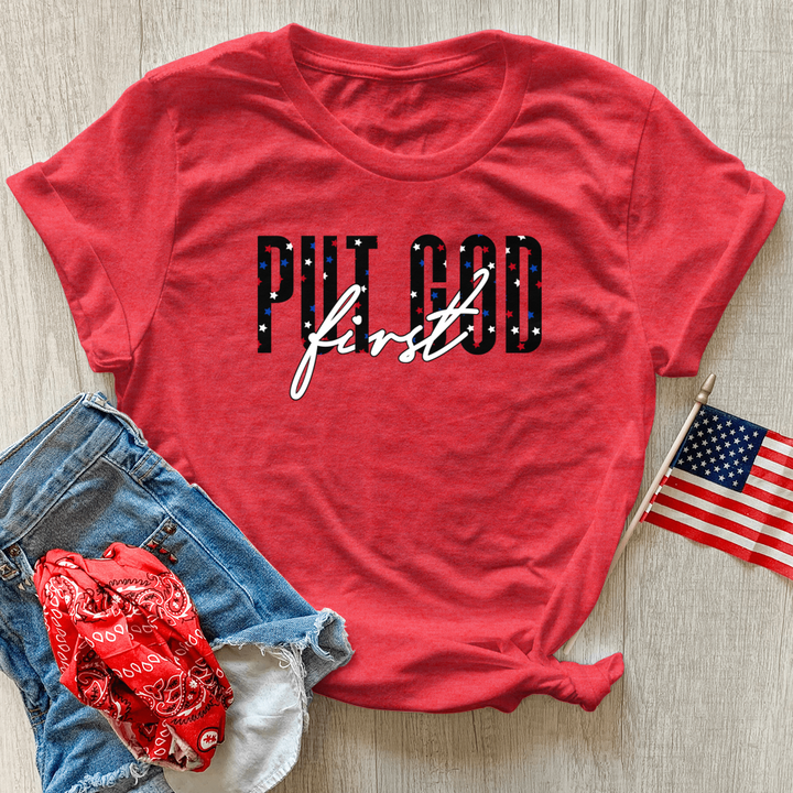 Put God First Red White & Blue Heathered Tee