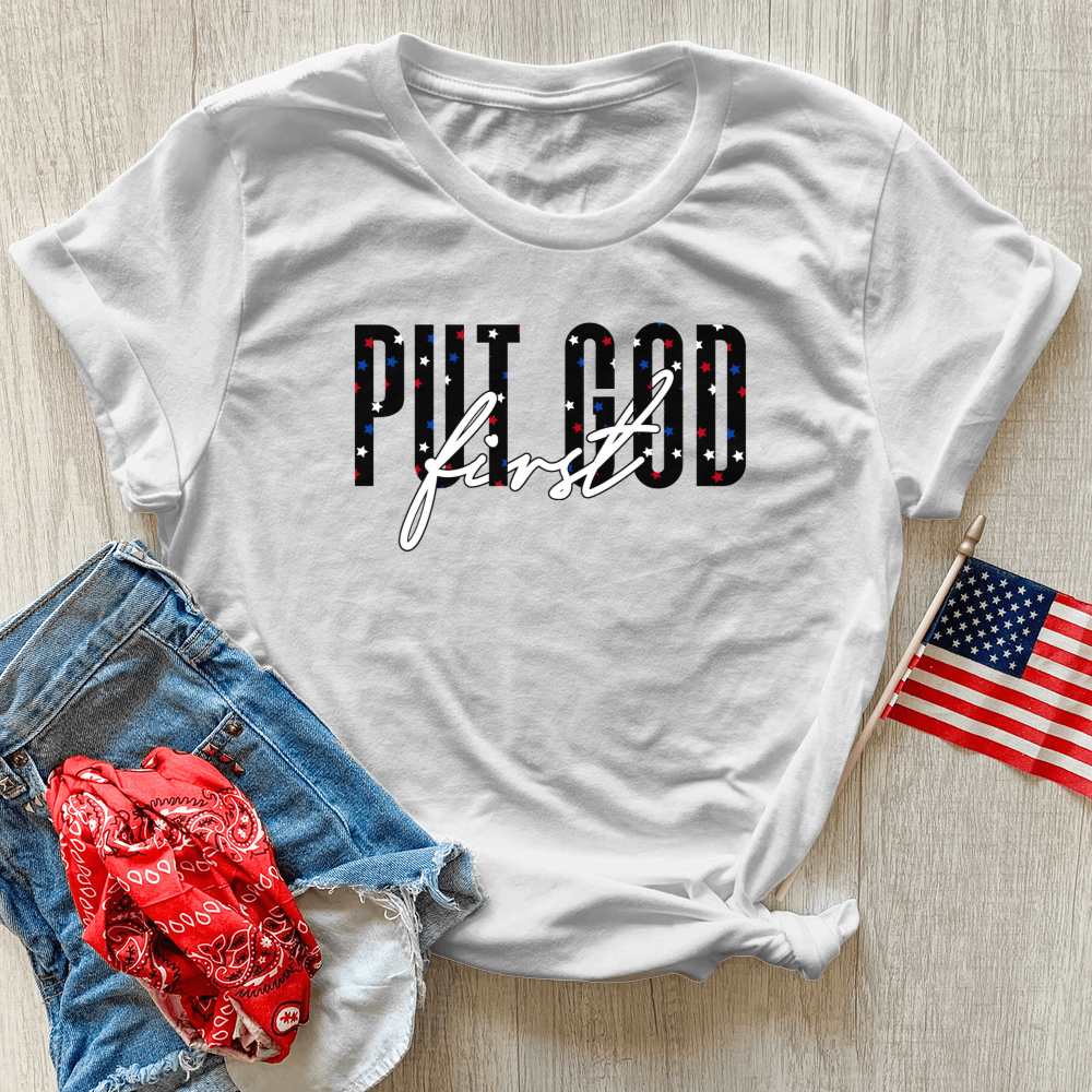 Put God First Red White & Blue Heathered Tee