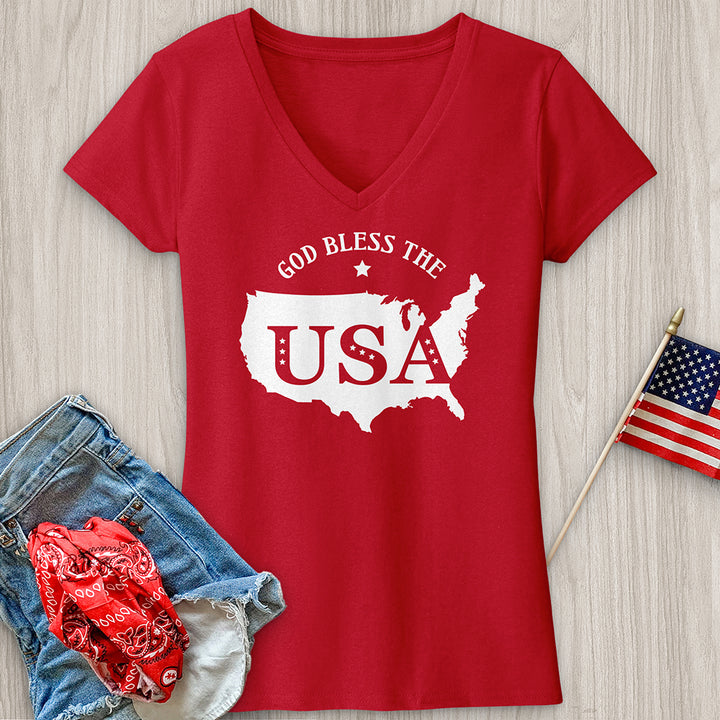 God Bless USA Outline V-Neck Tee