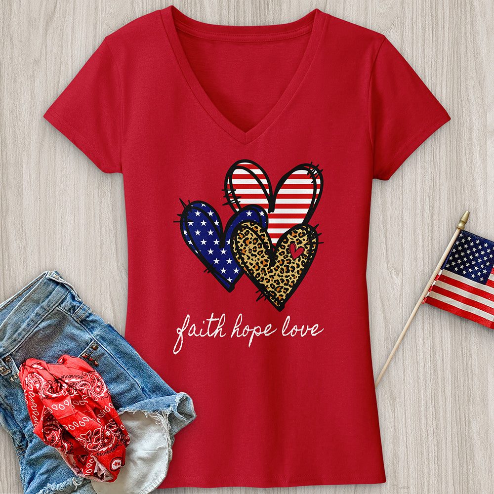 Faith Hope Love Pattern Hearts V-Neck Tee