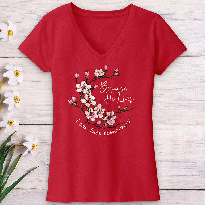 Because He Lives Pink Flowers V-Neck Tee