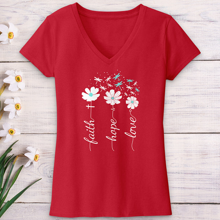 Faith Hope Love Dragonfly Floral V-Neck Tee