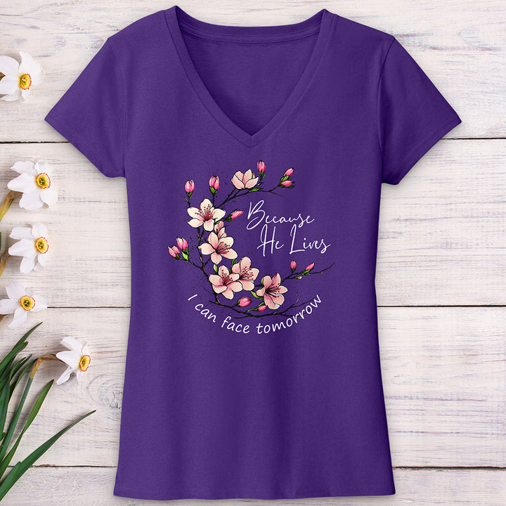 Because He Lives Pink Flowers V-Neck Tee