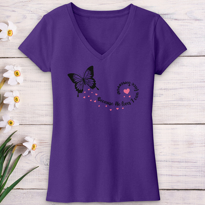 Because He Lives Butterfly V-Neck Tee