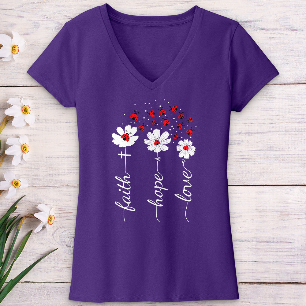 Faith Lady Bug Flowers V-Neck Tee