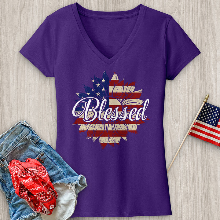 Blessed American Sunflower V-Neck Tee