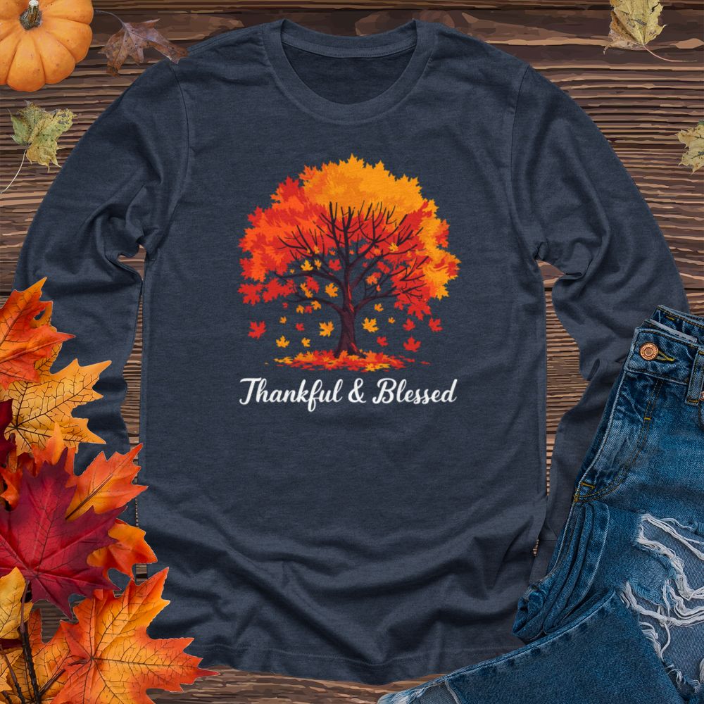 Thankful & Blessed Autumn Leaves Long Sleeve Tee