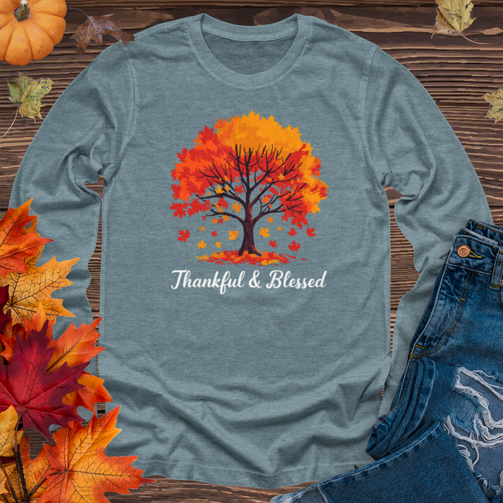 Thankful & Blessed Autumn Leaves Long Sleeve Tee