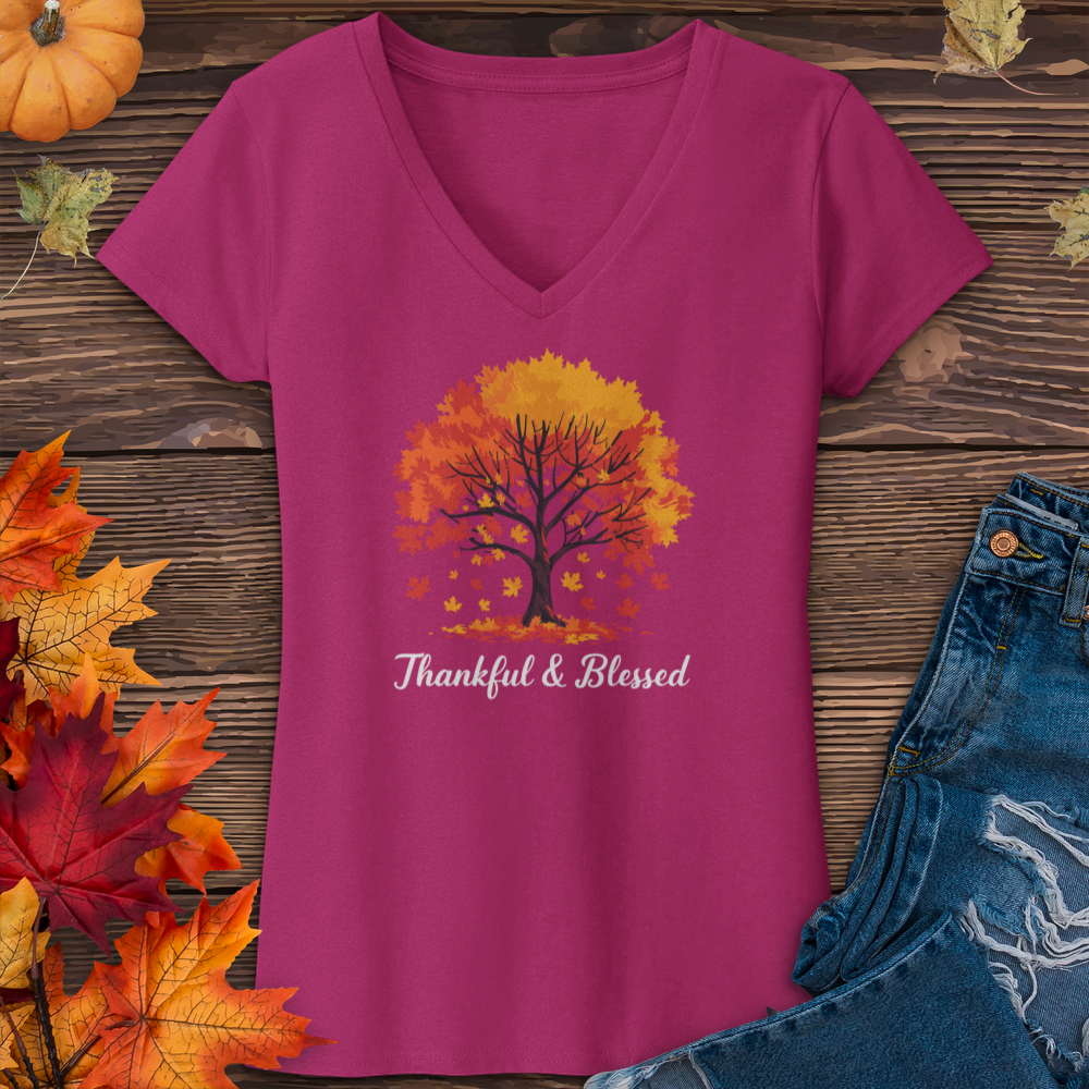 Thankful & Blessed Autumn Leaves V-Neck Tee