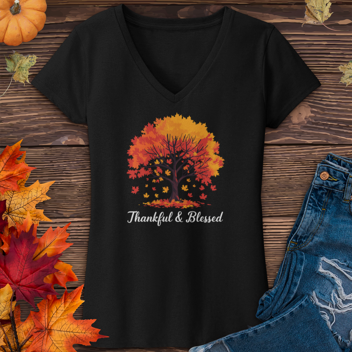 Thankful & Blessed Autumn Leaves V-Neck Tee