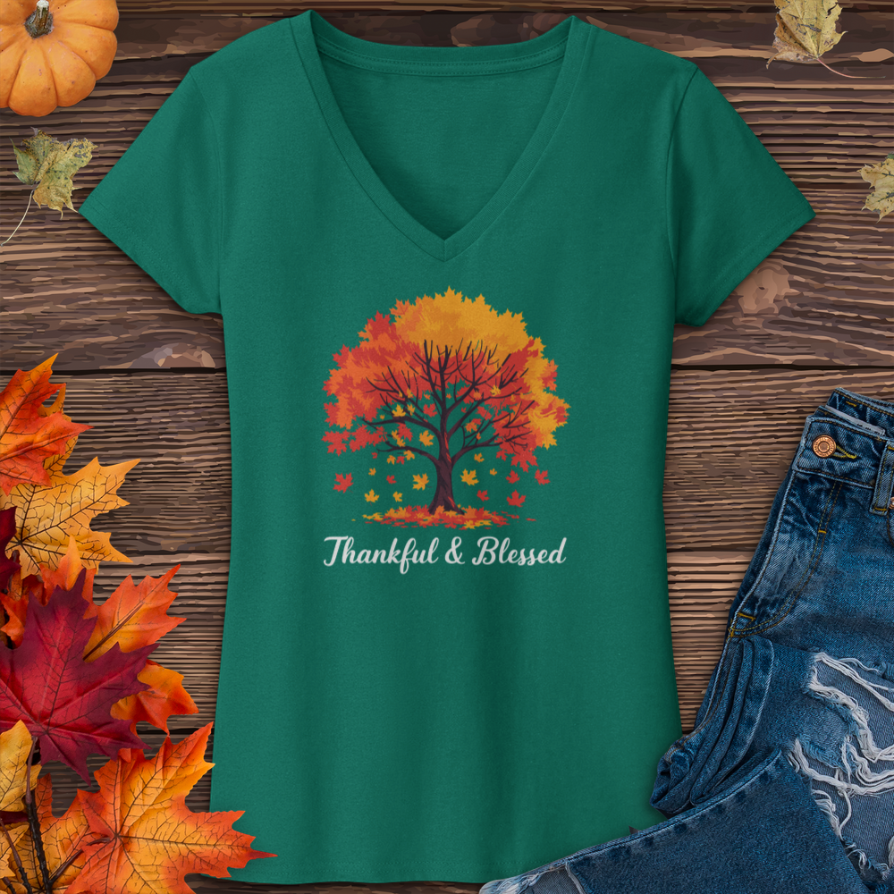 Thankful & Blessed Autumn Leaves V-Neck Tee