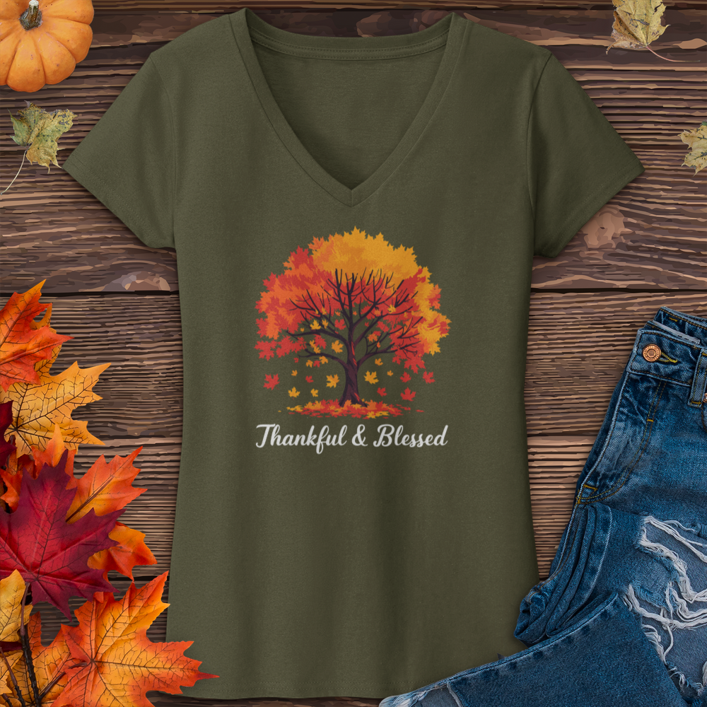 Thankful & Blessed Autumn Leaves V-Neck Tee