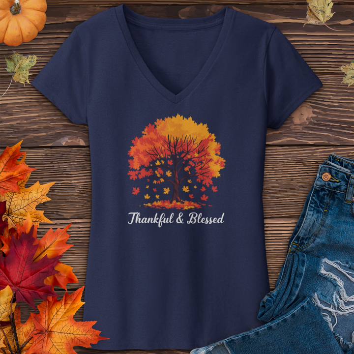 Thankful & Blessed Autumn Leaves V-Neck Tee