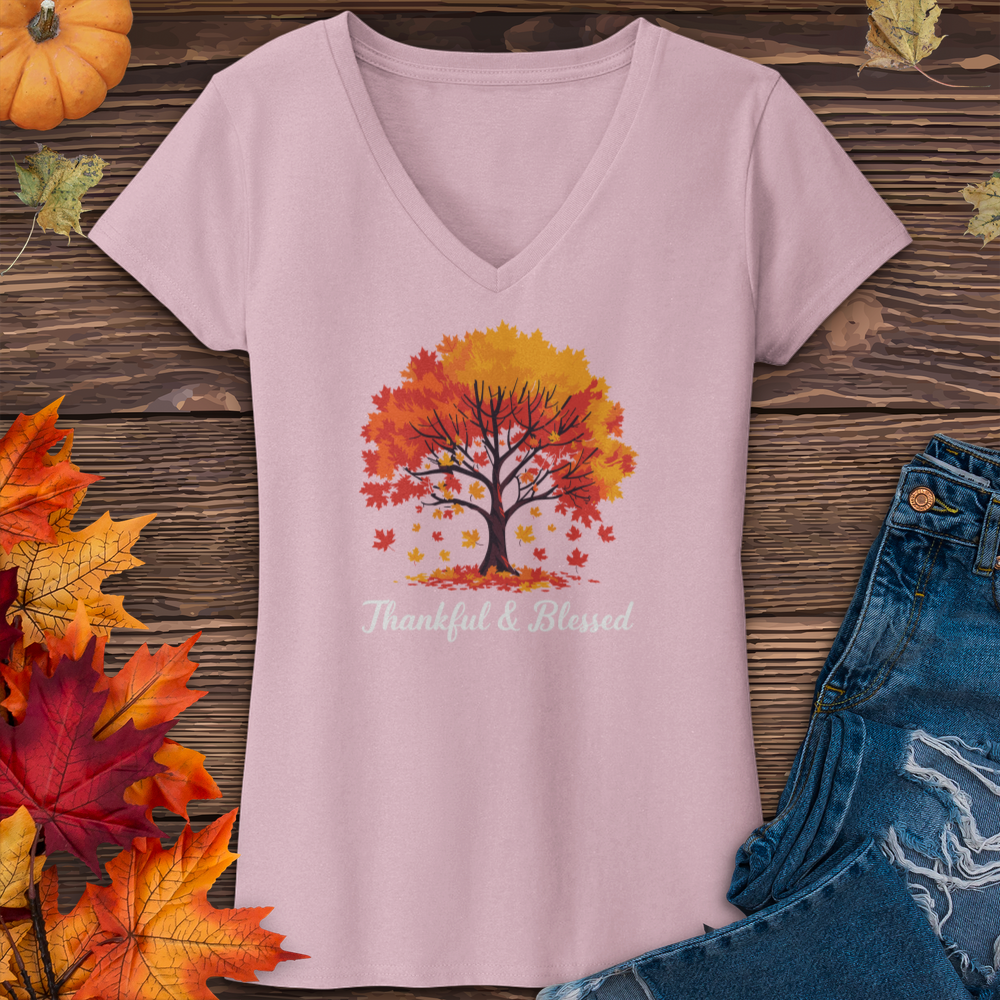 Thankful & Blessed Autumn Leaves V-Neck Tee