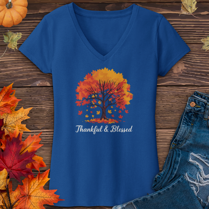 Thankful & Blessed Autumn Leaves V-Neck Tee