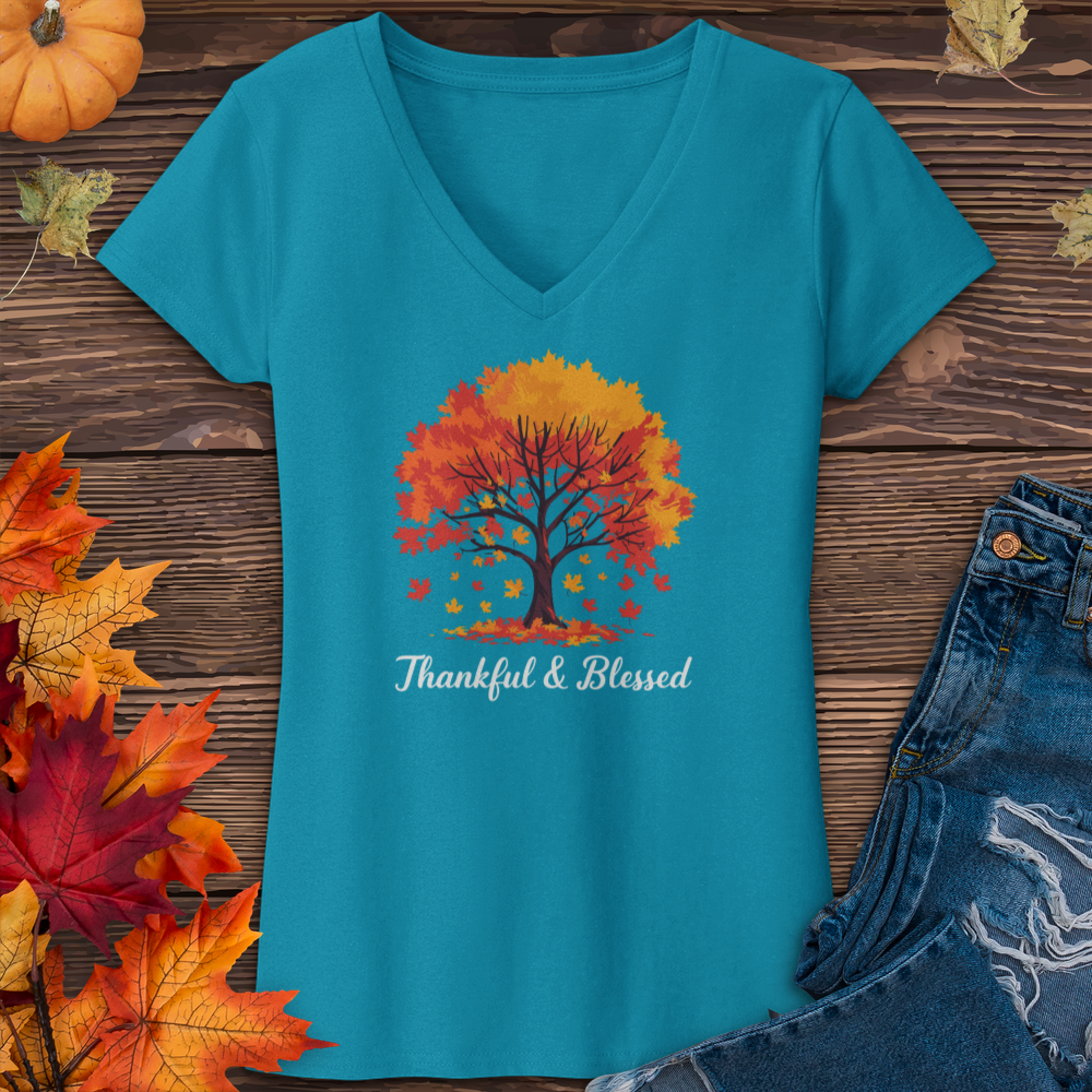 Thankful & Blessed Autumn Leaves V-Neck Tee