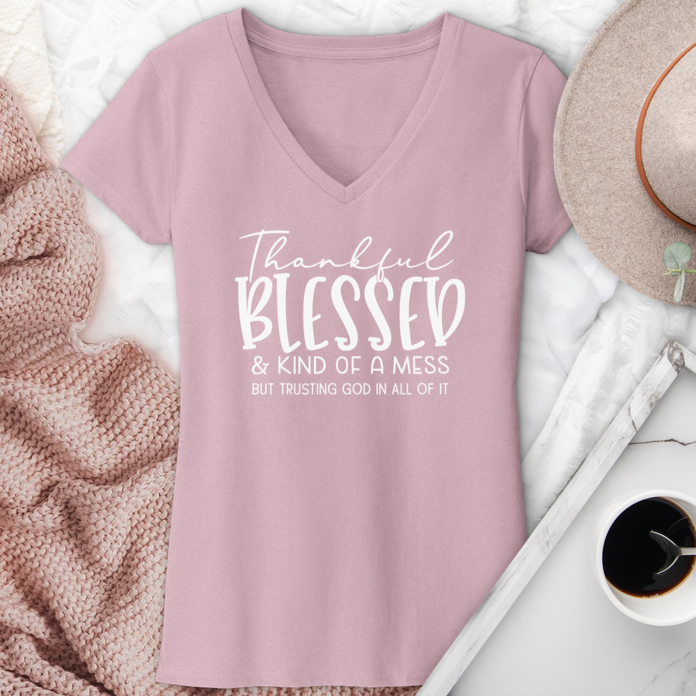 Thankful Blessed & Kind of a Mess V-Neck Tee