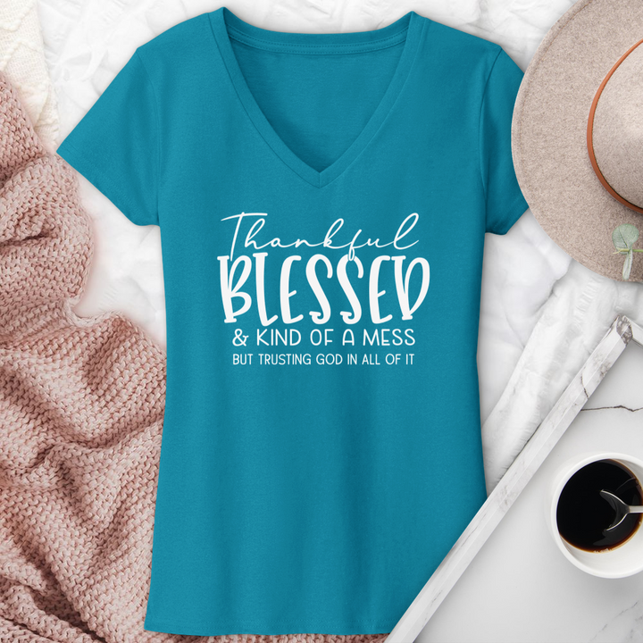 Thankful Blessed & Kind of a Mess V-Neck Tee