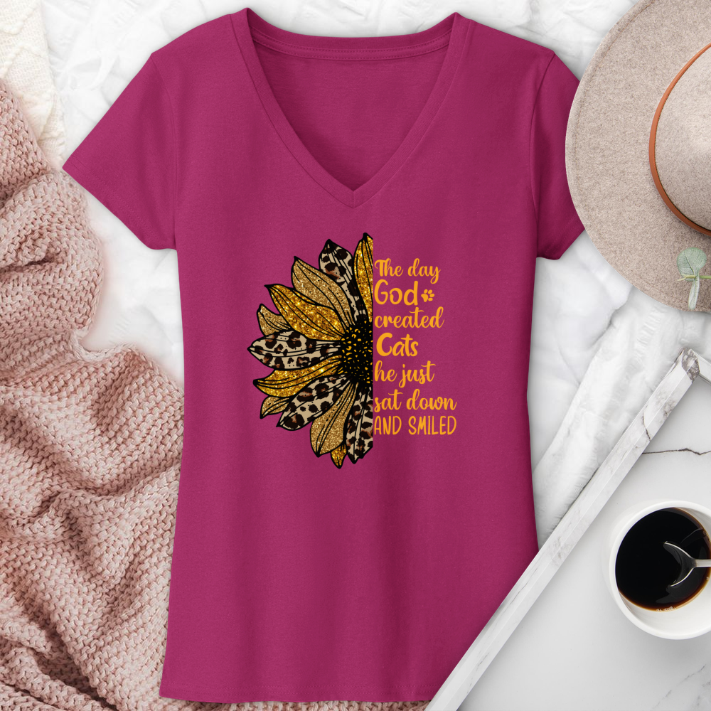 The Day God Created Cats Sunflower V-Neck Tee