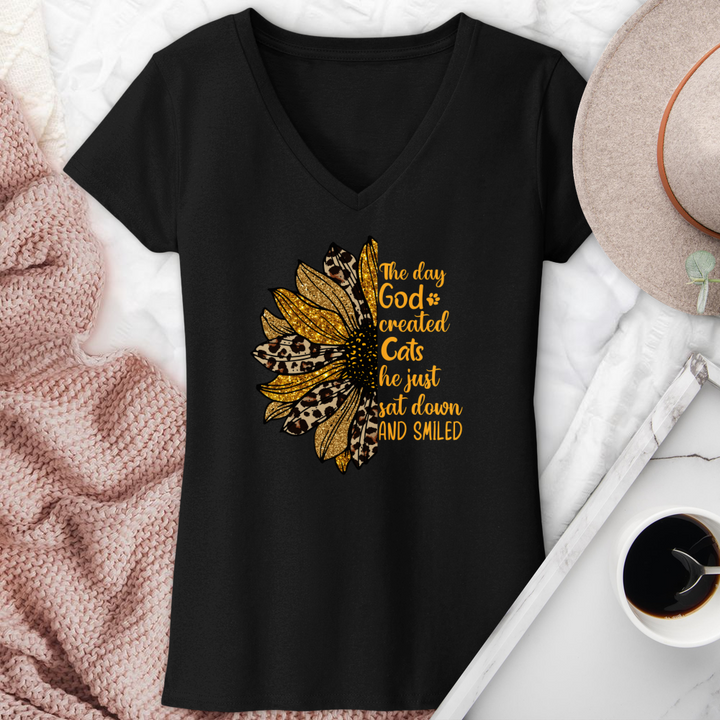 The Day God Created Cats Sunflower V-Neck Tee