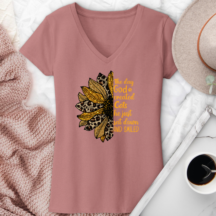 The Day God Created Cats Sunflower V-Neck Tee